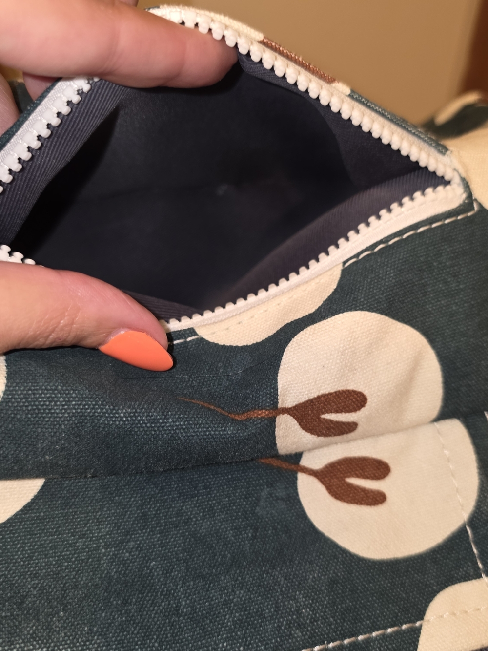 Maika Teal Canvas Backpack with Cream Floral Print and Brown Leather Handles - Picture 3 of 6